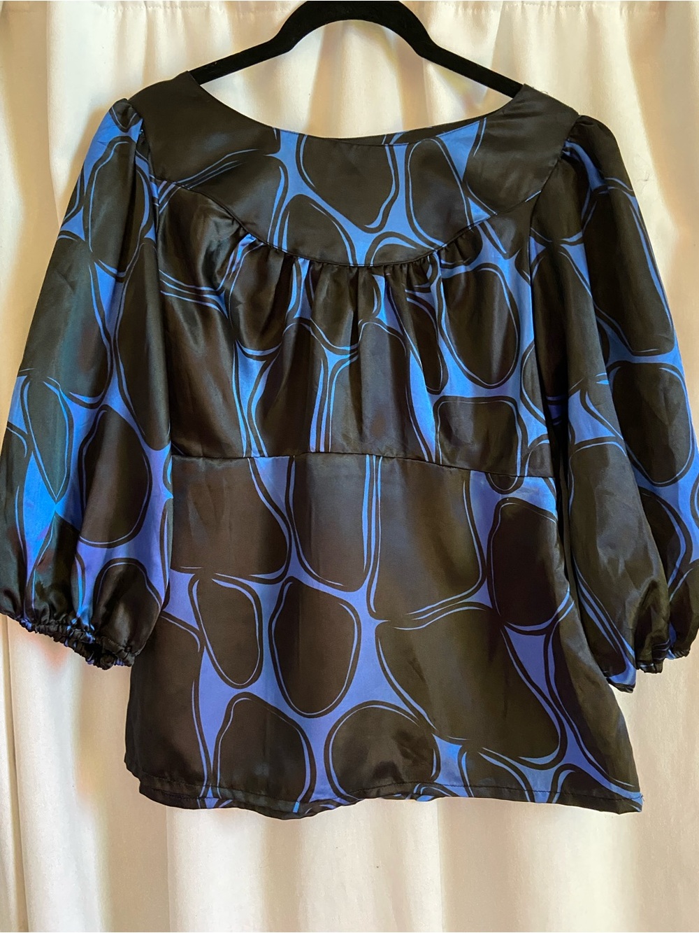 Black and Blue Abstract Print Puff Sleeve Blouse